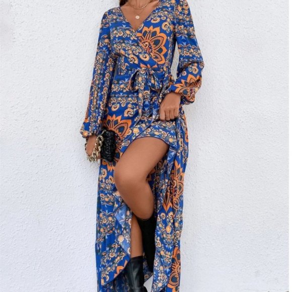 Boho Floral Lantern Sleeve Ruffle Trim Maxi Dress blue - Picture 6 of 6